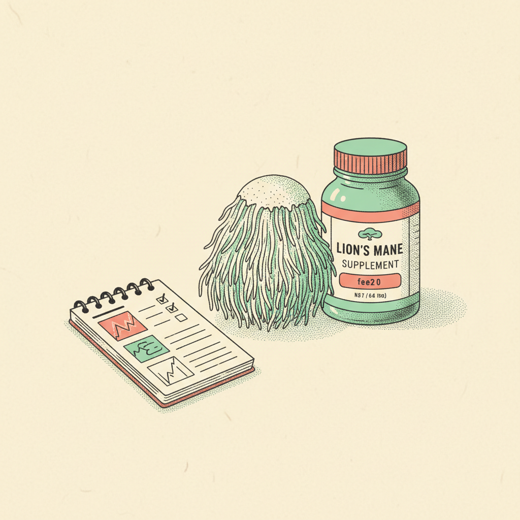 Editorial still-life of a Lion's Mane mushroom, supplement bottle, and notebook